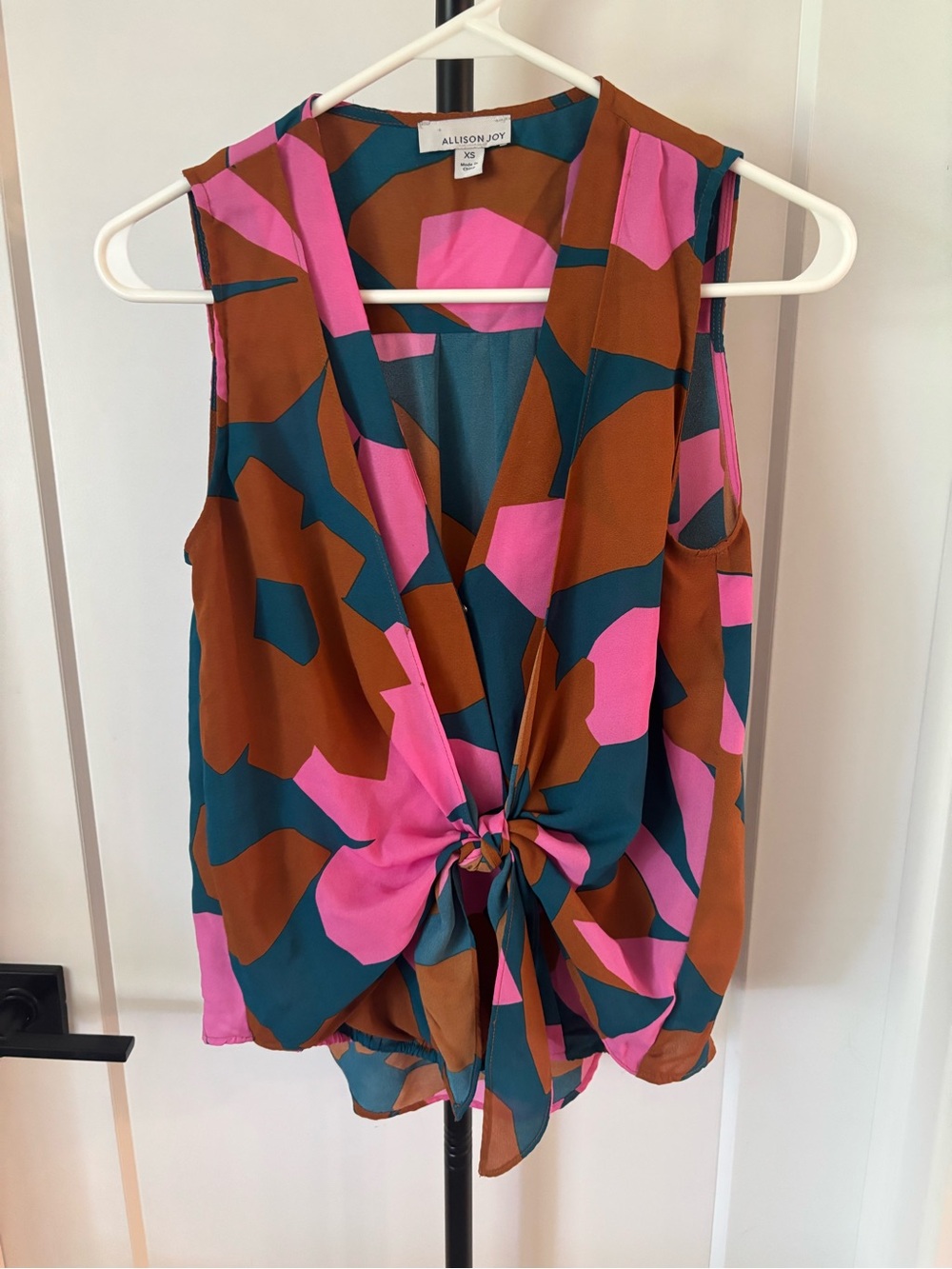 Allison Joy XS Abstract Floral Tie Front Sleeveless Blouse Pink Teal Brown